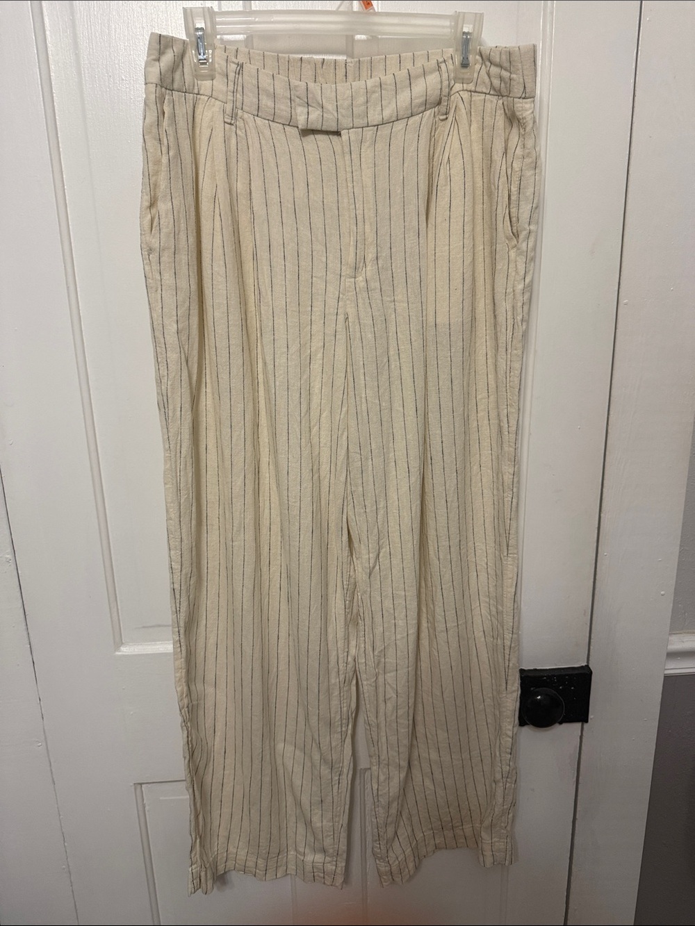Linen Blend Cream Pinstripe Wide-Leg Pants